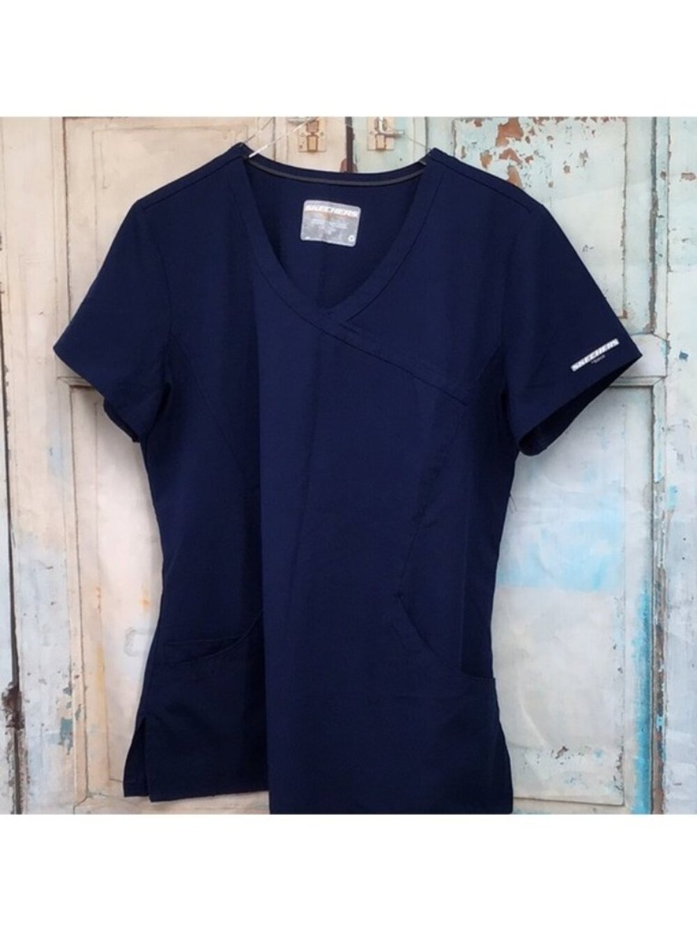 Skechers By Barco Navy Scrub Top Womens L V-Neck Short Sleeve Stretch Pockets